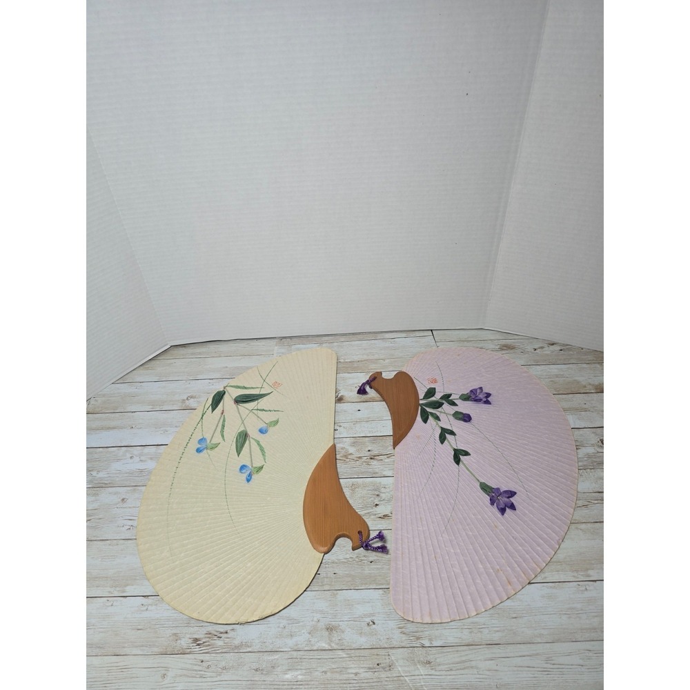 Vintage Uchiwa Japanese Traditional Paper and Wooden Hand‎ Fans 16" Floral
